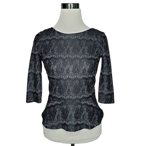 Ann Taylor Petite Black Floral Lace Back Zipper 3/4 Sleeve Peplum Blouse Sze XSP - Picture 2 of 7